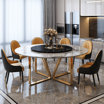 White Modern Round Marble Dining Table 59'' Gold Stainless Steel Base for 6-8 Seaters